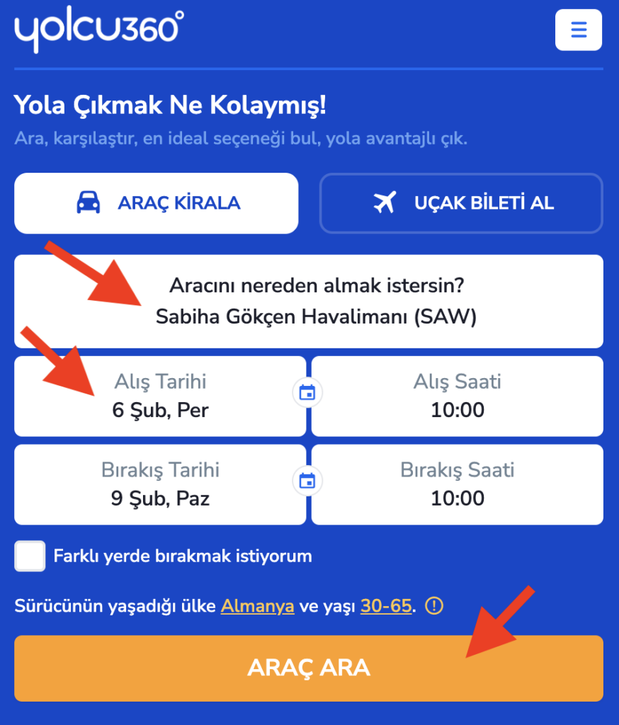 araç kiralama nasıl yapılır, yolcu36* araç kiralam ekranı