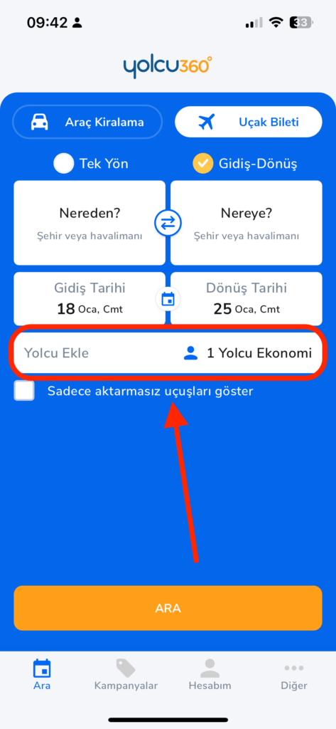 yolcu360 mobil uygulama uçak bileti ekranında business class uçak bileti alma