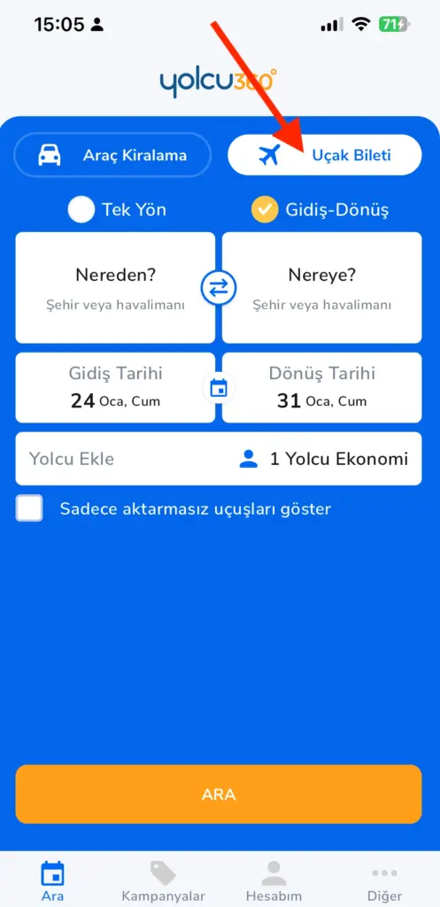 yolcu360 ucuz uçak bileti bulma ekranı