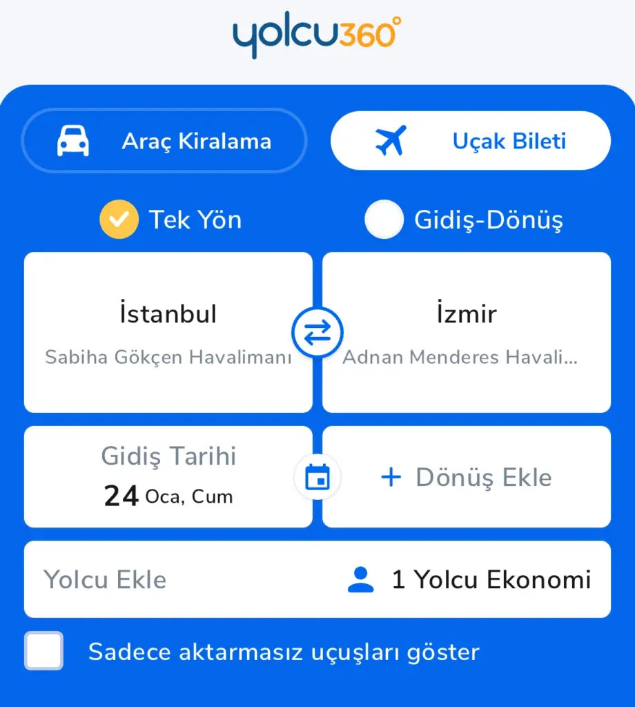 yolcu360 mobil uygulama uçuş arama ekranı 