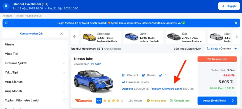 kiralık araçta kilometre aşım sınırı yolcu360 ekranı